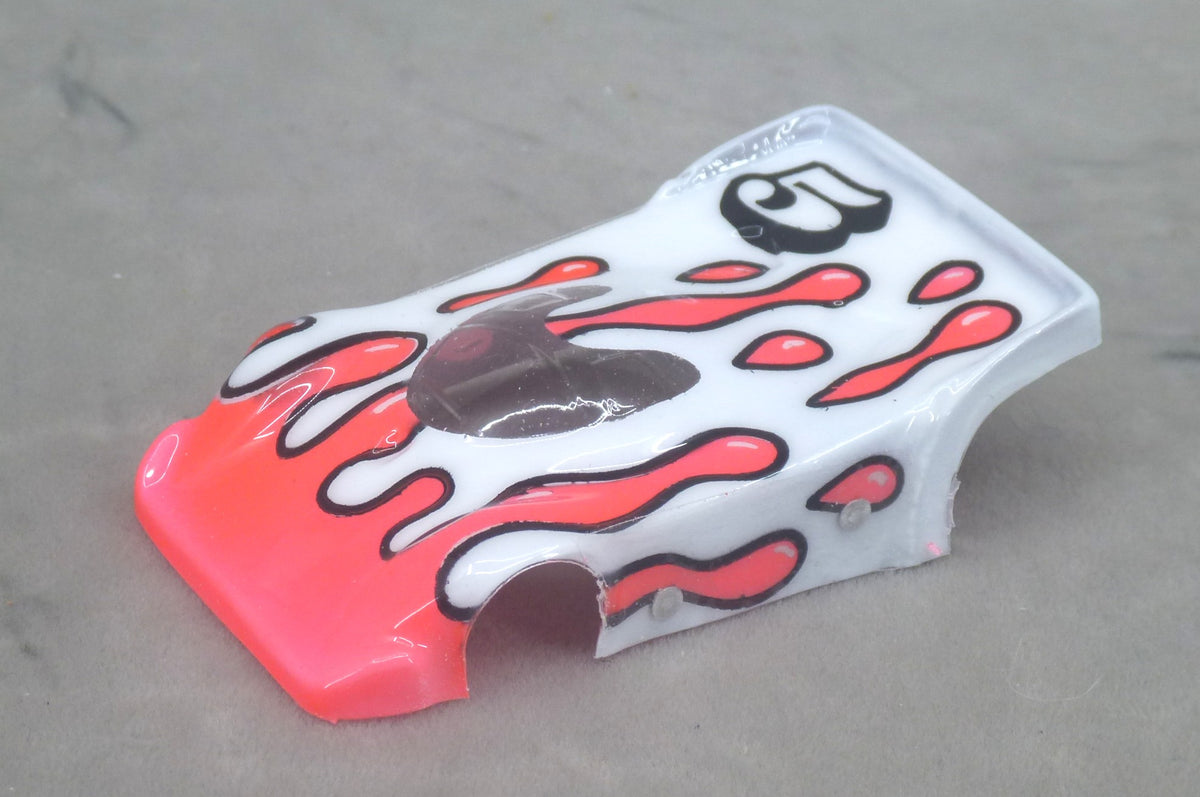 Flowing Tear Drops (Red on White with number) - Professionally Painted Lexan HO Slot Car Body