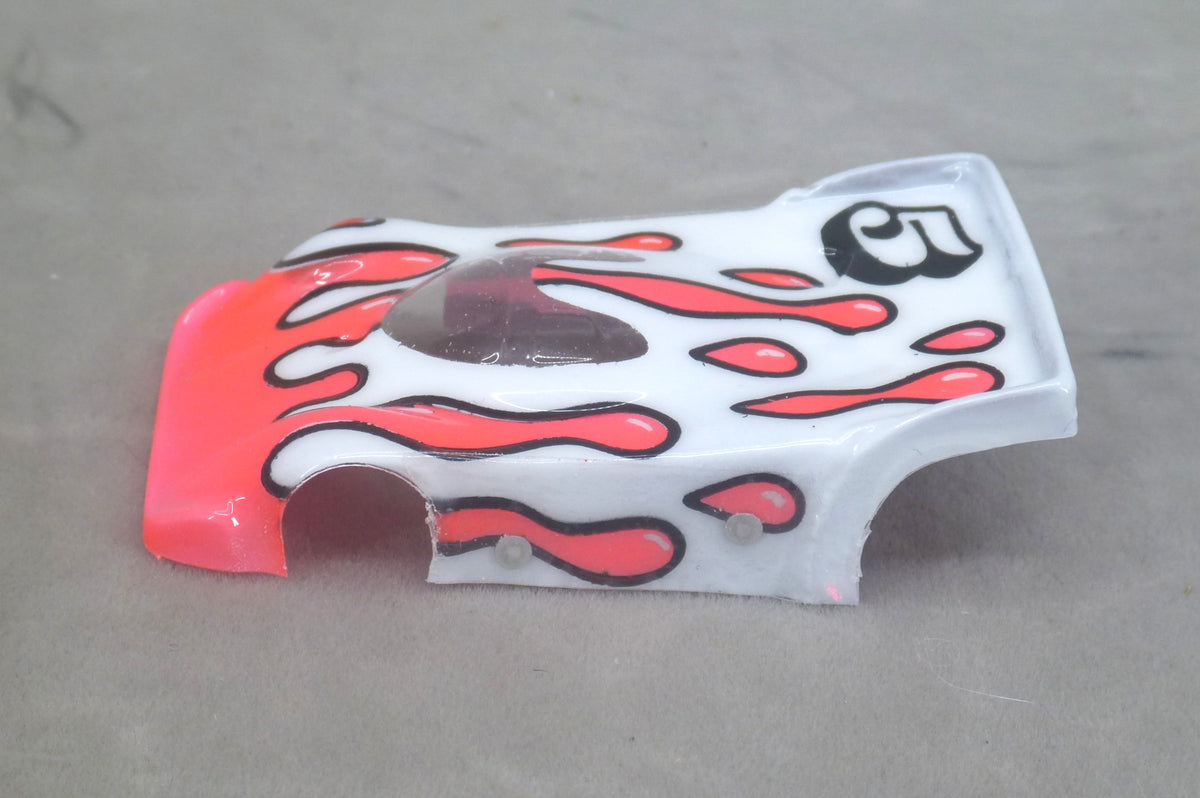 Flowing Tear Drops (Red on White with number) - Professionally Painted Lexan HO Slot Car Body