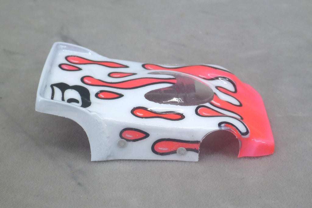 Flowing Tear Drops (Red on White with number) - Professionally Painted Lexan HO Slot Car Body