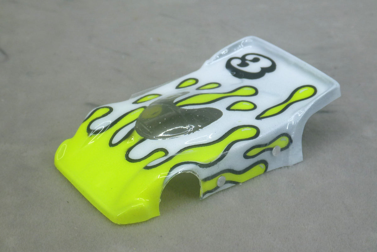 Flowing Tear Drops (Yellow on White with number) - Professionally Painted Lexan HO Slot Car Body