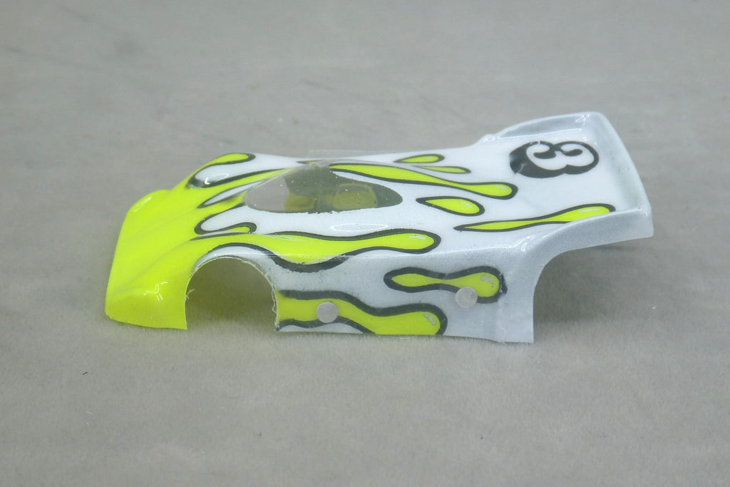 Flowing Tear Drops (Yellow on White with number) - Professionally Painted Lexan HO Slot Car Body