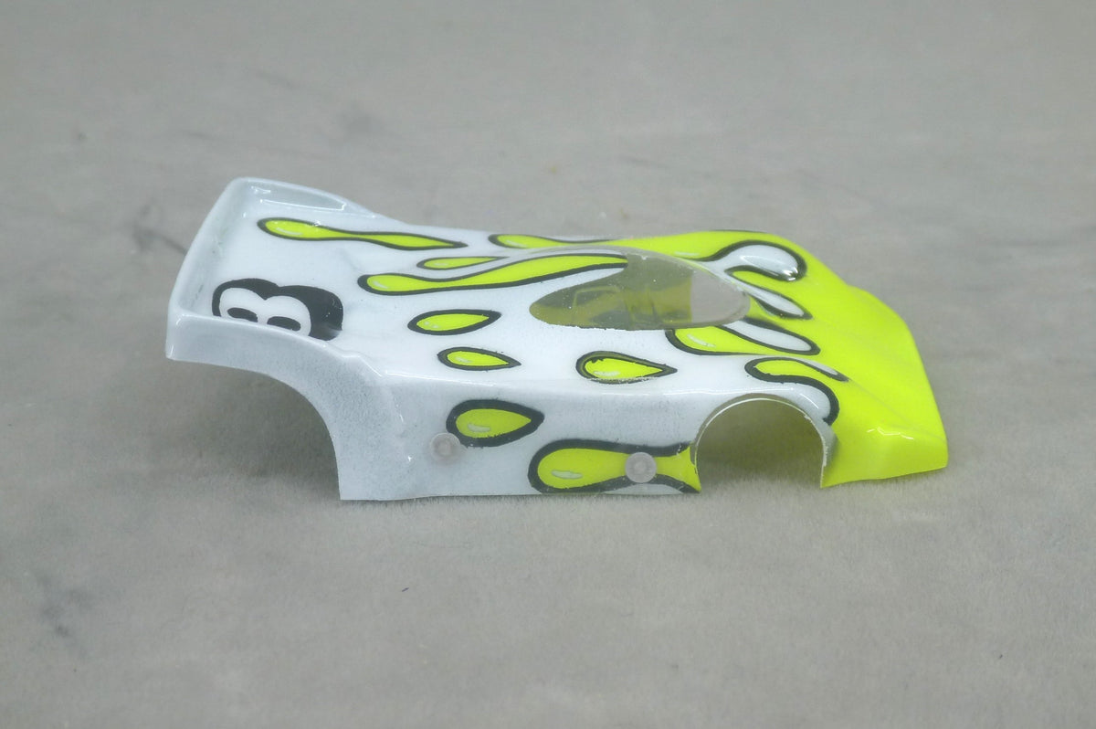 Flowing Tear Drops (Yellow on White with number) - Professionally Painted Lexan HO Slot Car Body