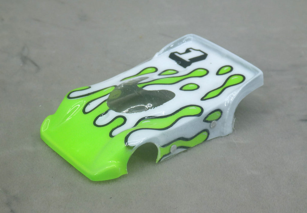 Flowing Tear Drops (Lime Green on White with number) - Professionally Painted Lexan HO Slot Car Body