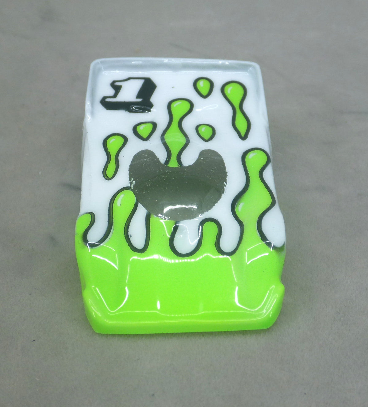 Flowing Tear Drops (Lime Green on White with number) - Professionally Painted Lexan HO Slot Car Body