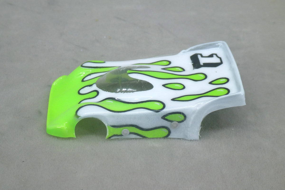 Flowing Tear Drops (Lime Green on White with number) - Professionally Painted Lexan HO Slot Car Body