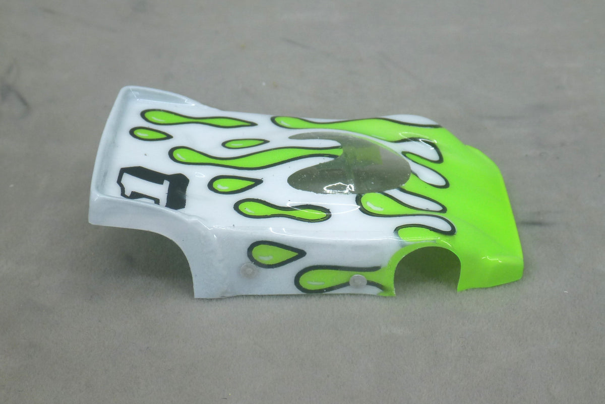 Flowing Tear Drops (Lime Green on White with number) - Professionally Painted Lexan HO Slot Car Body