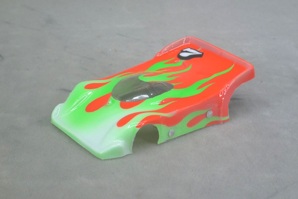 Flames (Green Flames/Orange Car with Number) - Professionally Painted Lexan HO Slot Car Body