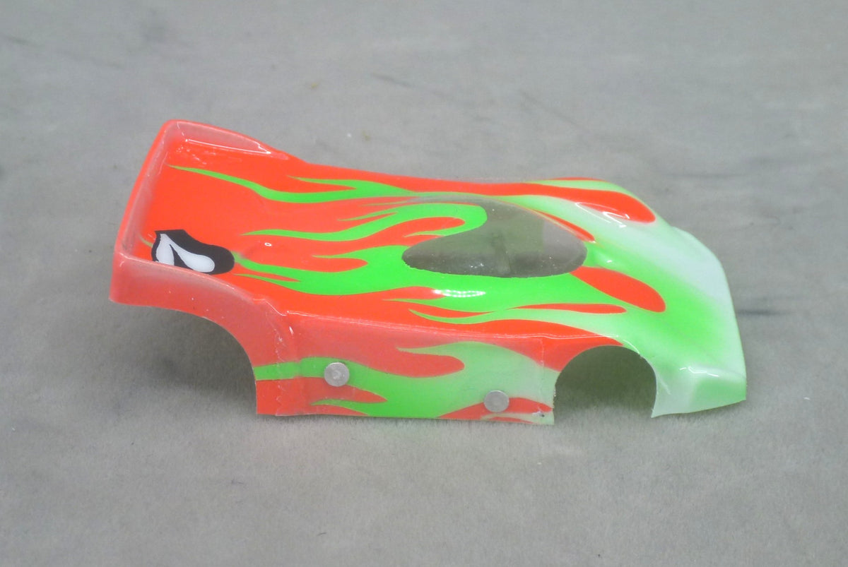 Flames (Green Flames/Orange Car with Number) - Professionally Painted Lexan HO Slot Car Body