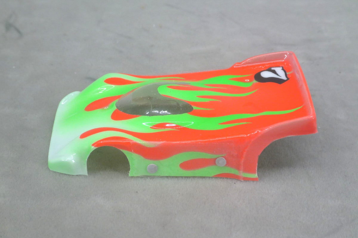 Flames (Green Flames/Orange Car with Number) - Professionally Painted Lexan HO Slot Car Body