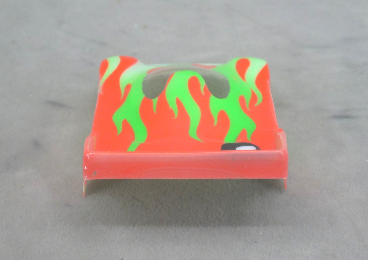 Flames (Green Flames/Orange Car with Number) - Professionally Painted Lexan HO Slot Car Body