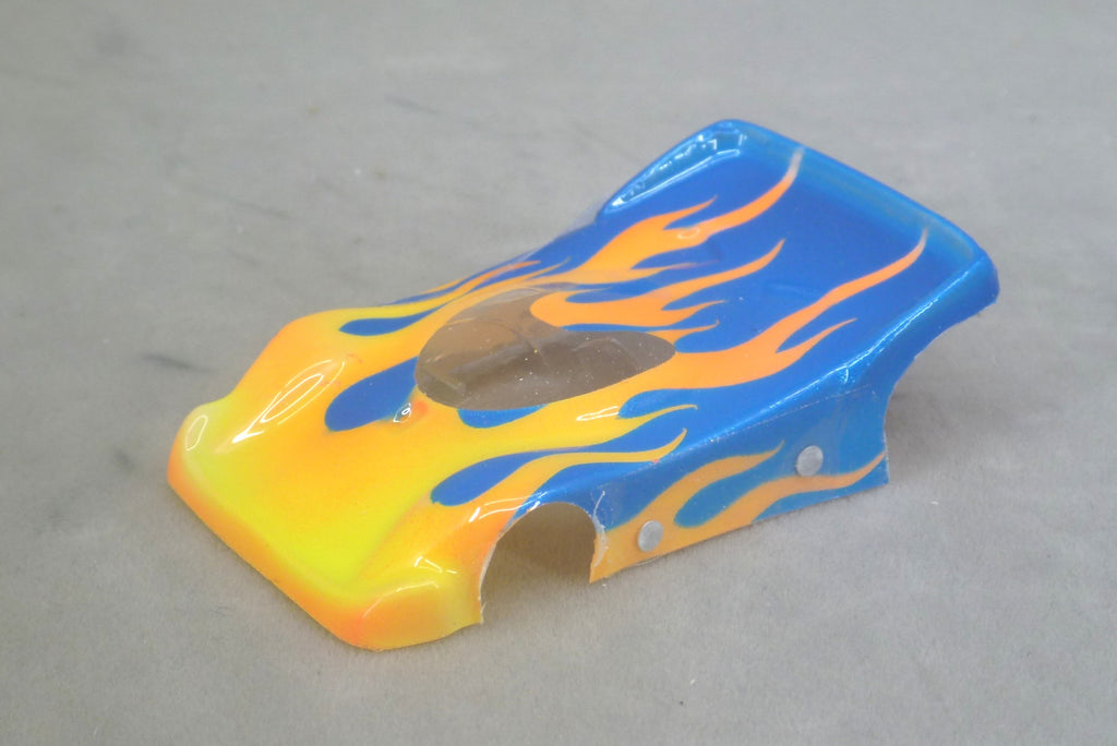 Flames (Orange Flames / Blue Car No Number) - Professionally Painted Lexan HO Slot Car Body
