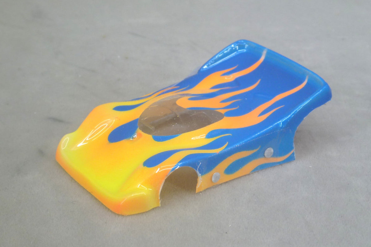 Flames (Orange Flames / Blue Car No Number) - Professionally Painted Lexan HO Slot Car Body