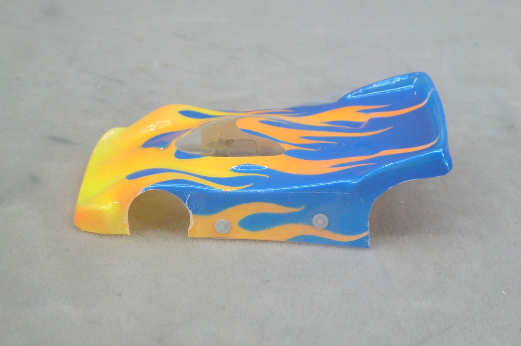 Flames (Orange Flames / Blue Car No Number) - Professionally Painted Lexan HO Slot Car Body