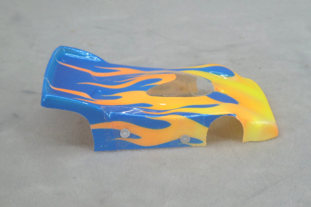 Flames (Orange Flames / Blue Car No Number) - Professionally Painted Lexan HO Slot Car Body