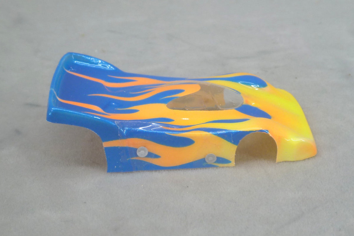 Flames (Orange Flames / Blue Car No Number) - Professionally Painted Lexan HO Slot Car Body