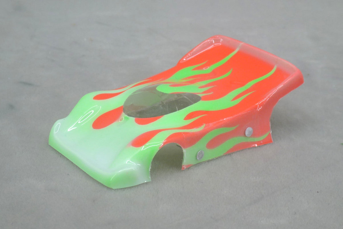 Flames (Green Flames/Orange Car No Number) - Professionally Painted Lexan HO Slot Car Body