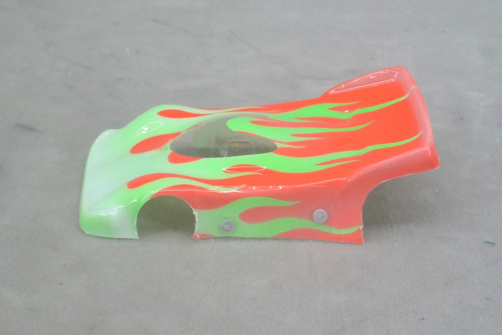 Flames (Green Flames/Orange Car No Number) - Professionally Painted Lexan HO Slot Car Body