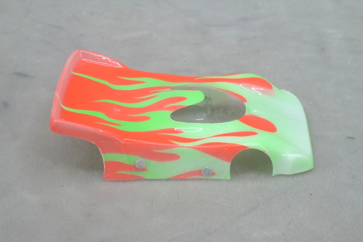 Flames (Green Flames/Orange Car No Number) - Professionally Painted Lexan HO Slot Car Body