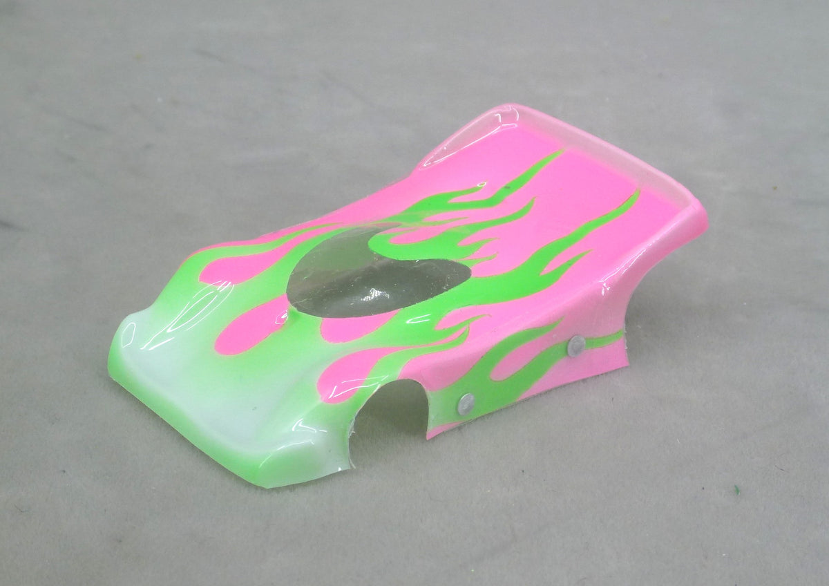 Flames (Green Flames / Fushia Car No Number) - Professionally Painted Lexan HO Slot Car Body