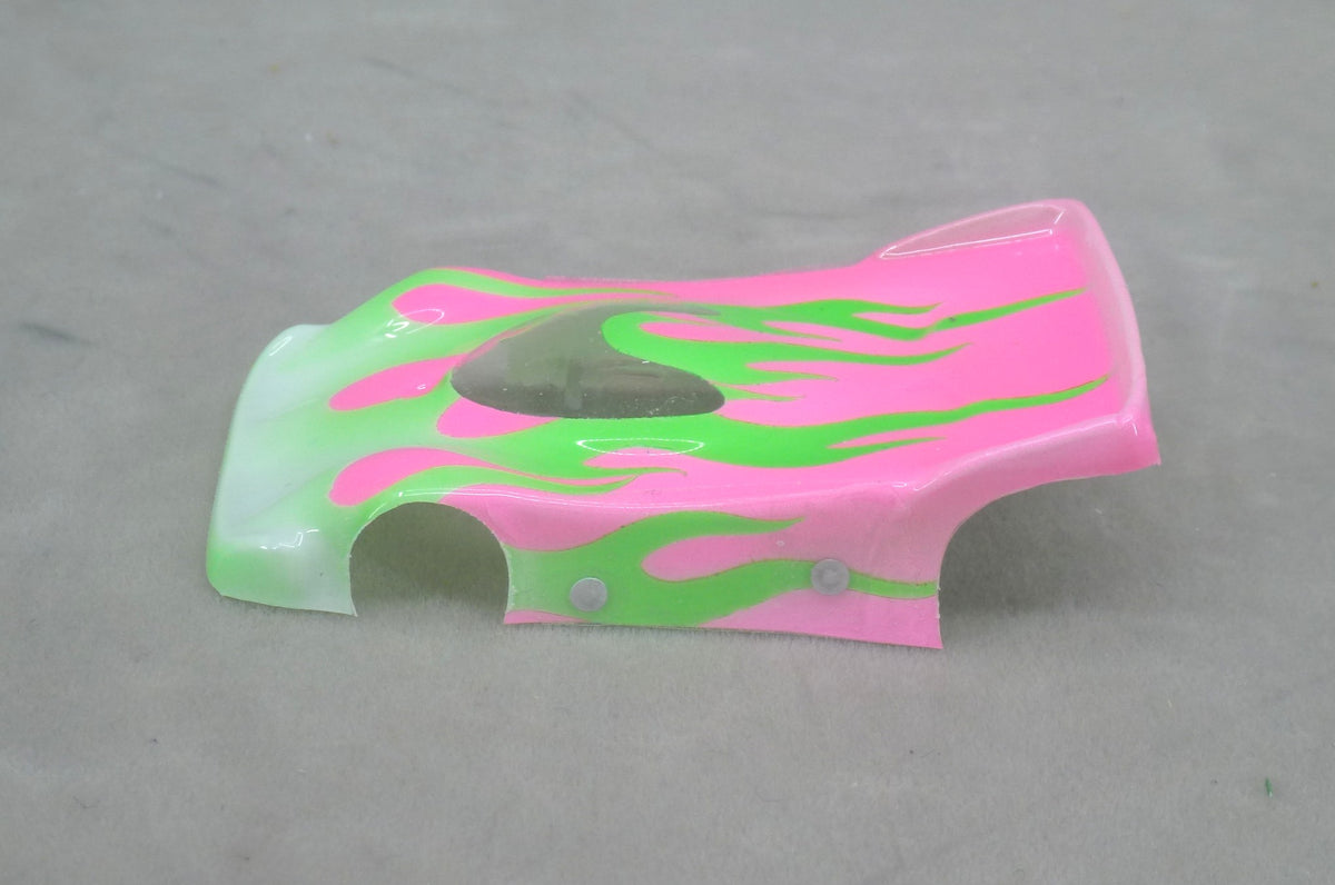 Flames (Green Flames / Fushia Car No Number) - Professionally Painted Lexan HO Slot Car Body