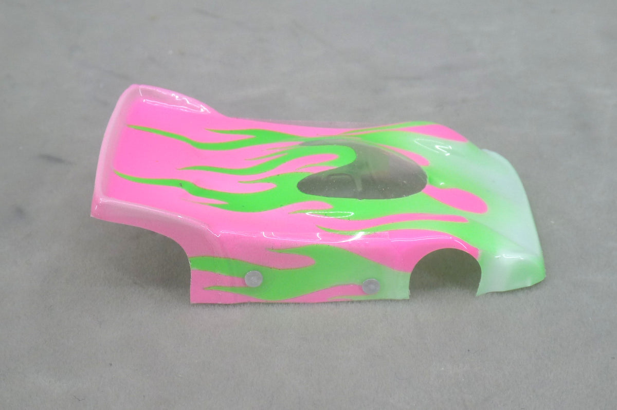 Flames (Green Flames / Fushia Car No Number) - Professionally Painted Lexan HO Slot Car Body