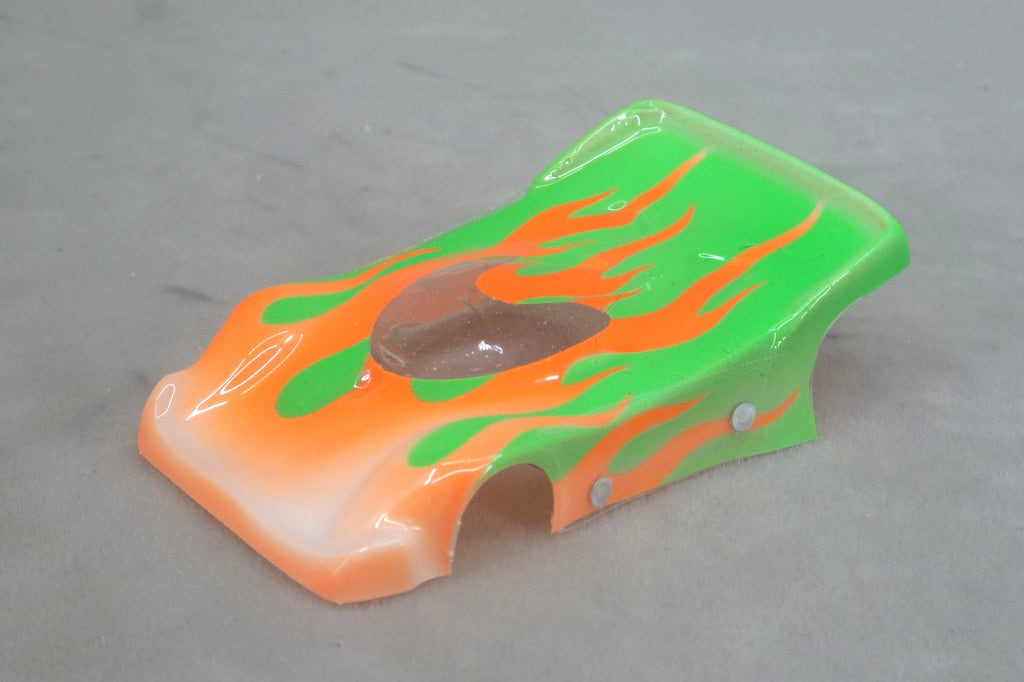 Flames (Orange Flames / Green Car No Number) - Professionally Painted Lexan HO Slot Car Body