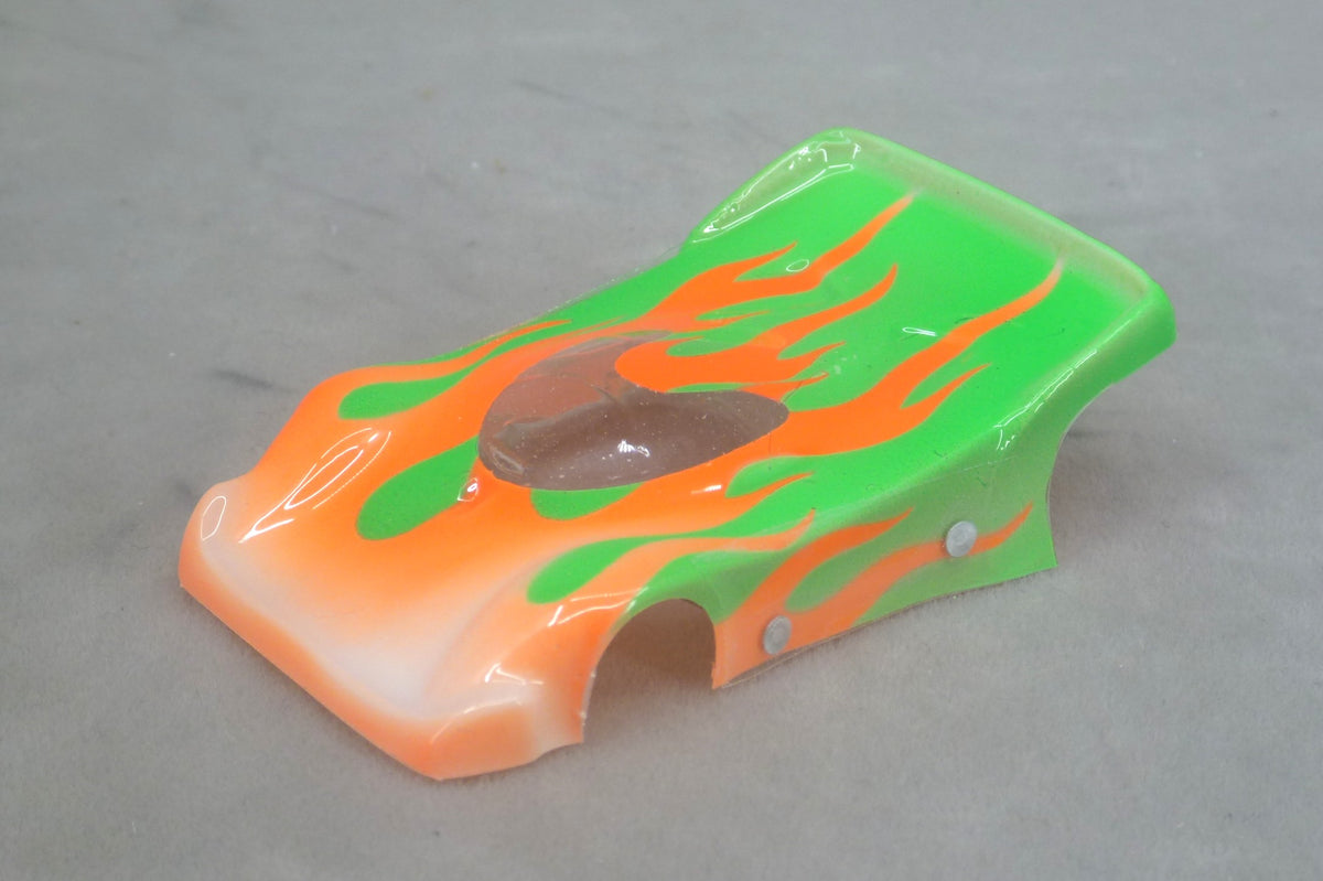 Flames (Orange Flames / Green Car No Number) - Professionally Painted Lexan HO Slot Car Body