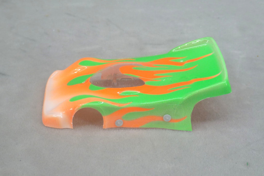 Flames (Orange Flames / Green Car No Number) - Professionally Painted Lexan HO Slot Car Body