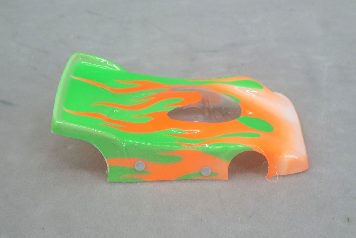 Flames (Orange Flames / Green Car No Number) - Professionally Painted Lexan HO Slot Car Body