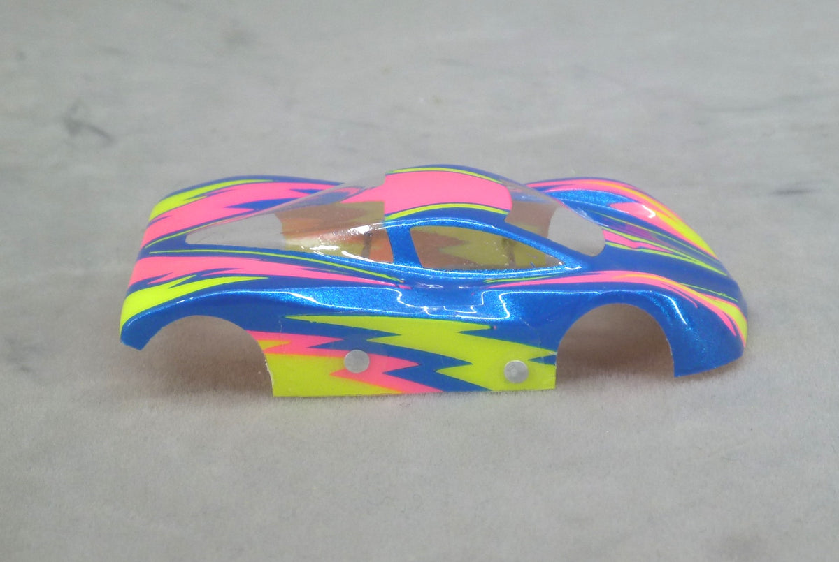 Dazzle (Yellow/Pink on Blue Body) - Professionally Painted Lexan HO Slot Car Body