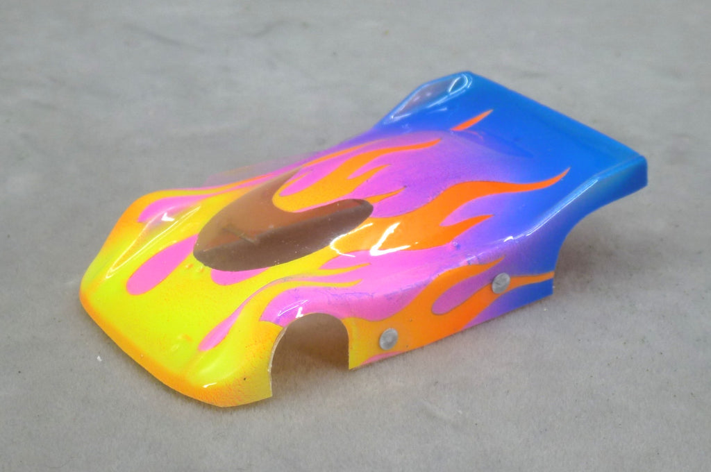 Flames (Yellow & Orange Flames / Purple & Blue Car) - Professionally Painted Lexan HO Slot Car Body