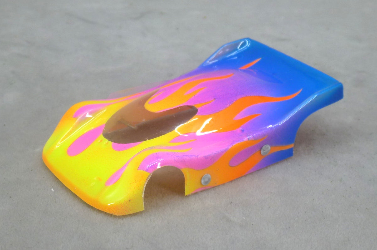 Flames (Yellow & Orange Flames / Purple & Blue Car) - Professionally Painted Lexan HO Slot Car Body