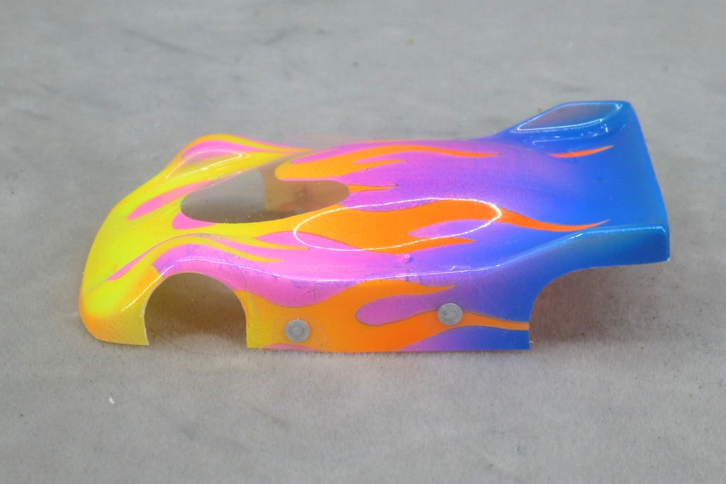Flames (Yellow & Orange Flames / Purple & Blue Car) - Professionally Painted Lexan HO Slot Car Body