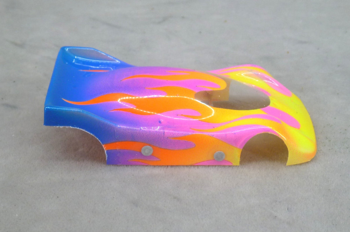 Flames (Yellow & Orange Flames / Purple & Blue Car) - Professionally Painted Lexan HO Slot Car Body