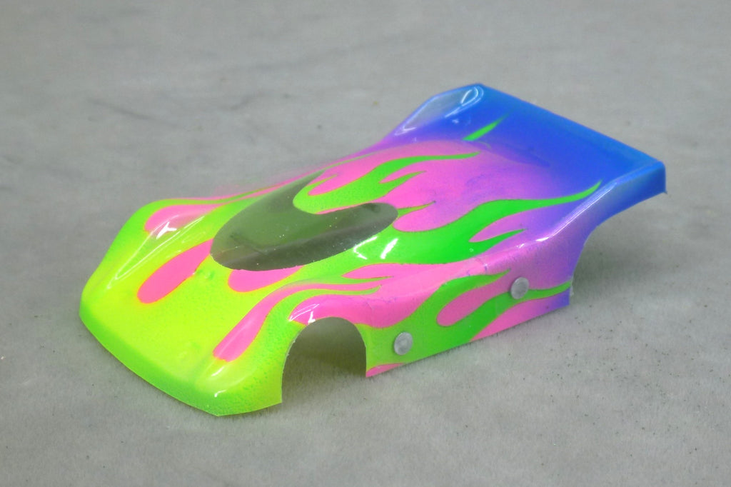 Flames (Green Flames / Purple & Blue Car) - Professionally Painted Lexan HO Slot Car Body