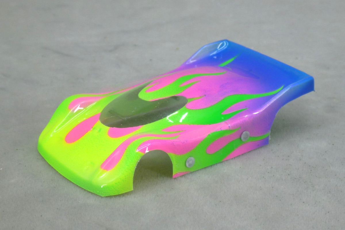 Flames (Green Flames / Purple & Blue Car) - Professionally Painted Lexan HO Slot Car Body