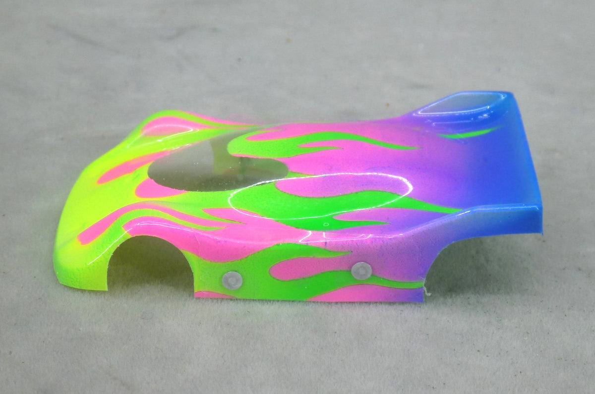 Flames (Green Flames / Purple & Blue Car) - Professionally Painted Lexan HO Slot Car Body