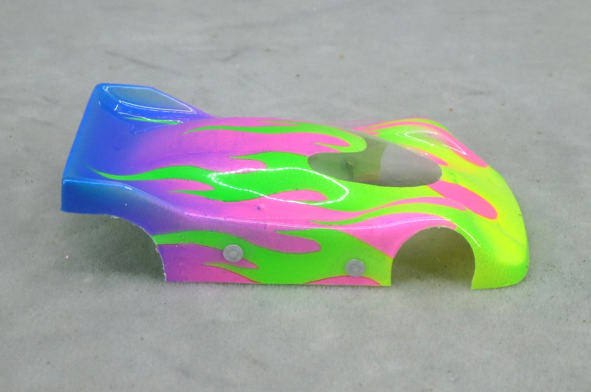 Flames (Green Flames / Purple & Blue Car) - Professionally Painted Lexan HO Slot Car Body