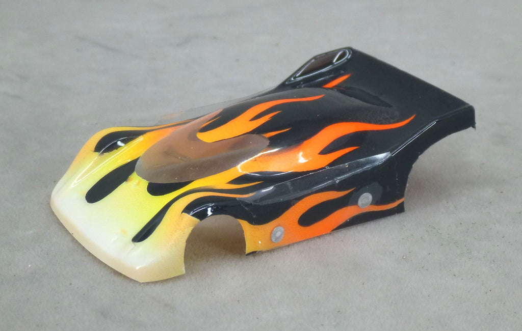 Flames (Yellow & Orange Flames / Black Car) - Professionally Painted Lexan HO Slot Car Body