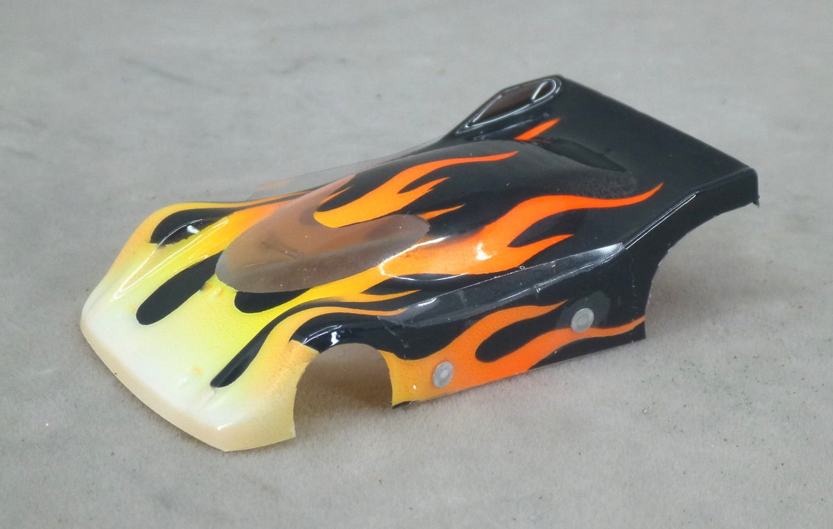 Flames (Yellow & Orange Flames / Black Car) - Professionally Painted Lexan HO Slot Car Body