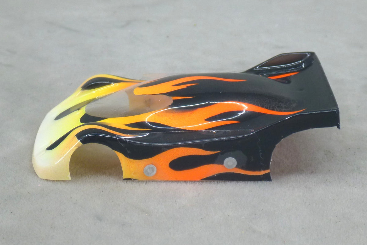 Flames (Yellow & Orange Flames / Black Car) - Professionally Painted Lexan HO Slot Car Body