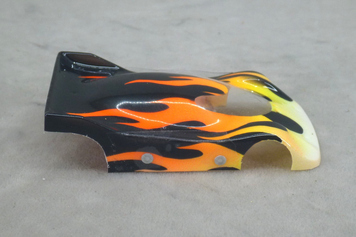 Flames (Yellow & Orange Flames / Black Car) - Professionally Painted Lexan HO Slot Car Body