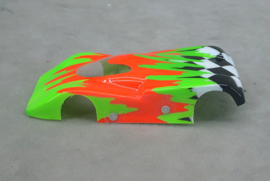 Checkered Surge (Green/Orange) - Professionally Painted Lexan HO Slot Car Body