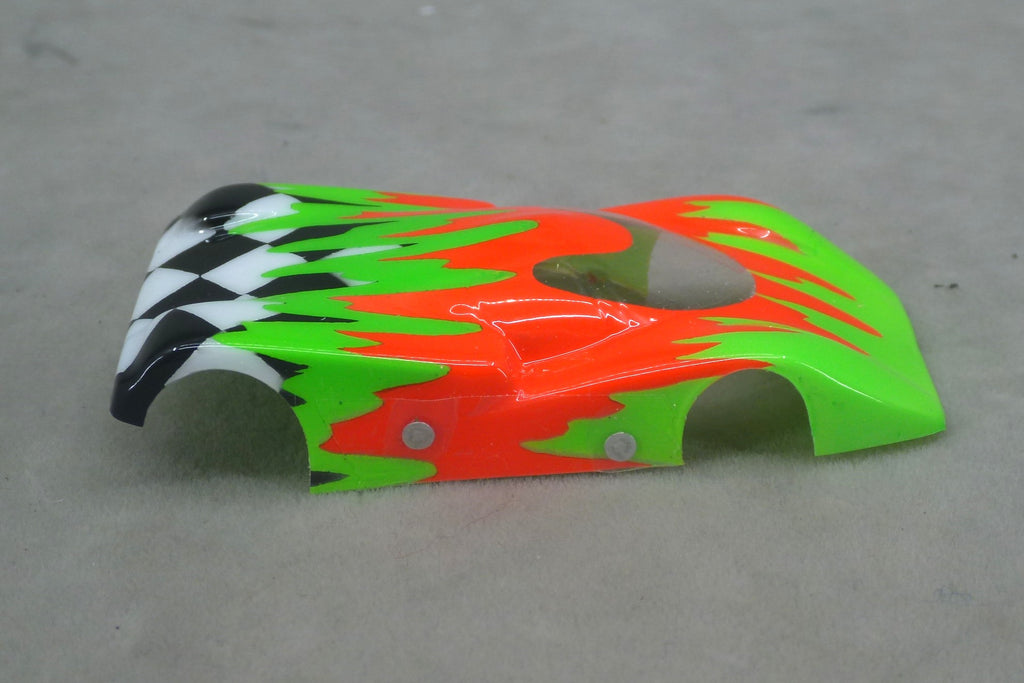 Checkered Surge (Green/Orange) - Professionally Painted Lexan HO Slot Car Body