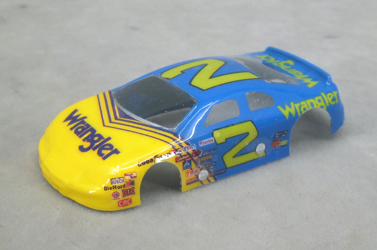 Front three-quarter view of yellow and blue Wrangler number 2 painted Lexan NASCAR HO slot car body