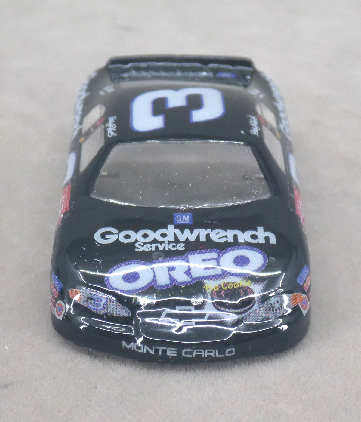 Front view of black Oreo #3 painted Lexan HO slot car body with Oreo and Goodwrench hood graphics