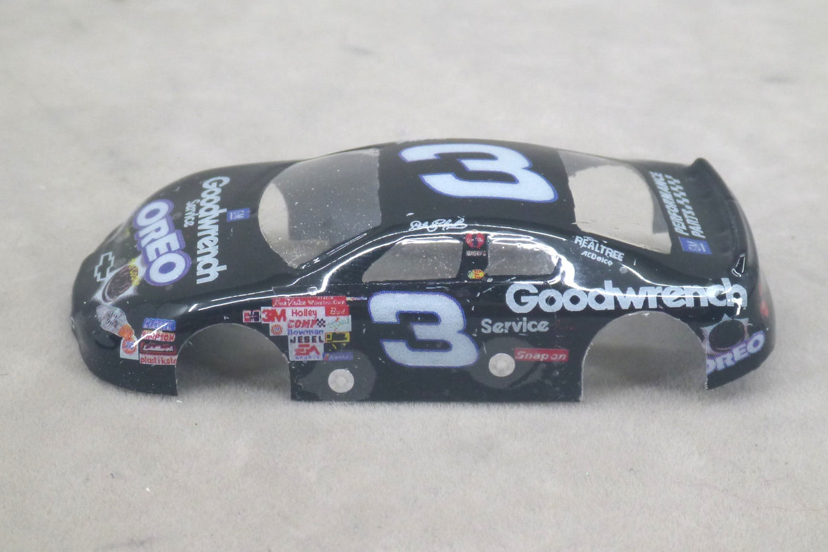 Left side of black Oreo #3 painted Lexan HO slot car body with number 3 and Goodwrench graphics
