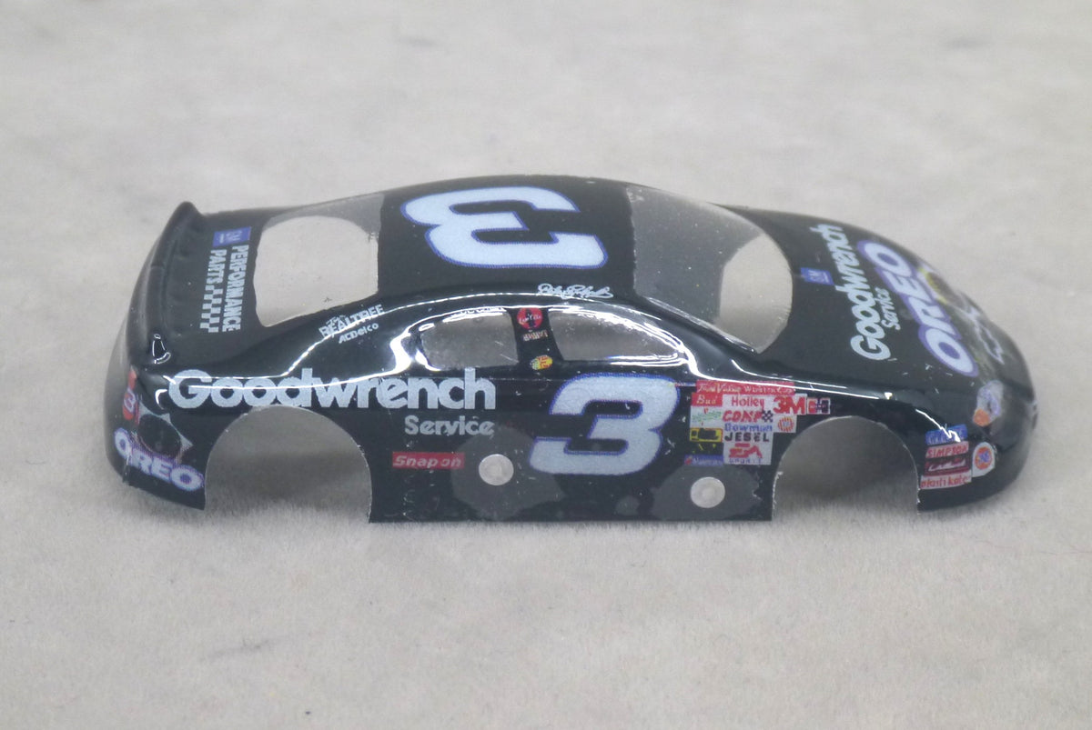 Right side of black Oreo #3 painted Lexan HO slot car body with number 3 and sponsor graphics