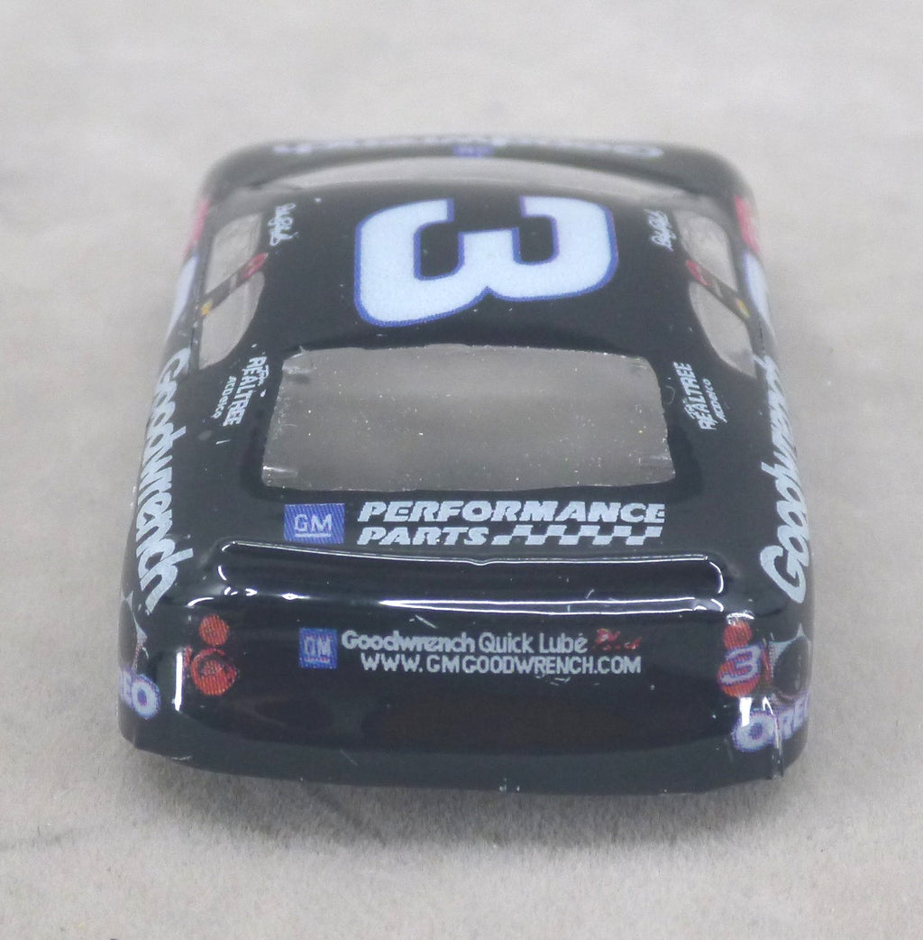 Rear view of black Oreo #3 painted Lexan HO slot car body with spoiler and GM Performance Parts graphics