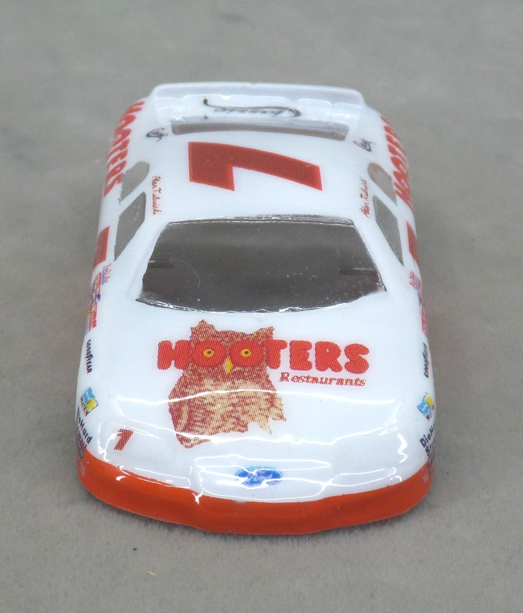 Front view of Hooters #7 painted Lexan HO slot car body with owl hood graphics and orange bumper